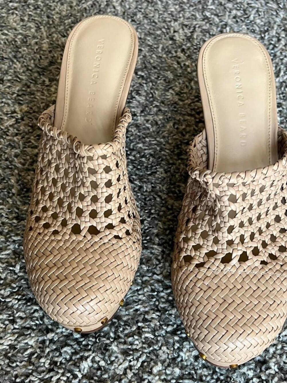 Veronica Beard Woven Leather Mule Clogs in Neutral Beige